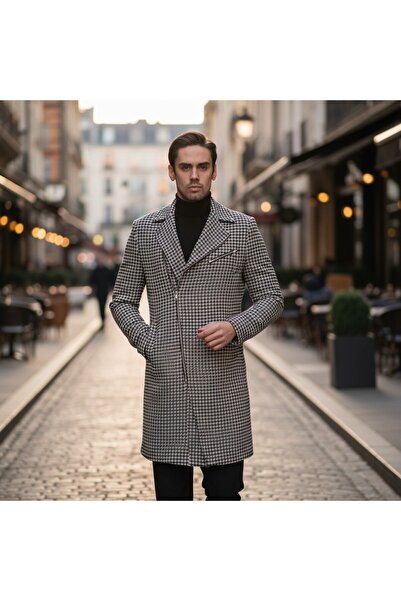 Frappoli Мъжко дълго палто с цип, черно-бяло, с шарки