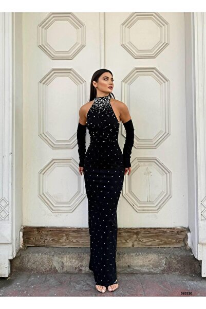 Modafeminen Rochie de seară din țesătură elastică crep, cu mâneci lungi, cu gât roșu, cu detalii de piatră și perle 583330 NEGRU