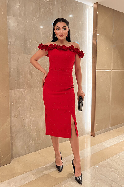 giyimmasalı Atlas Fabric Floral Pearl Detailed Pencil Dress - Red