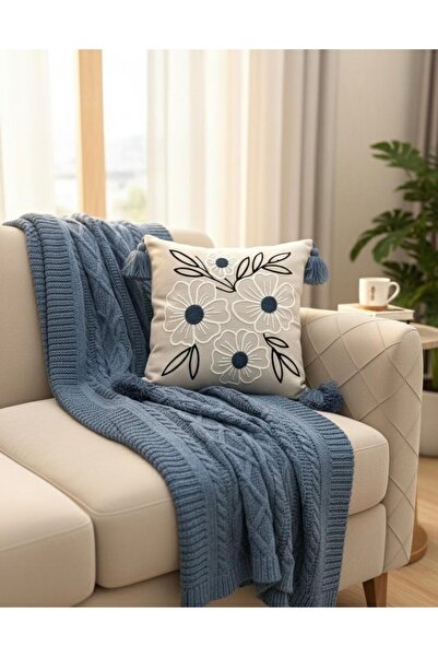 ON-ARS TEKSTİL Decorative Floral Pattern Throw Pillow Cover Blue – Tasseled, Modern Stylish Design, 43X43 cm