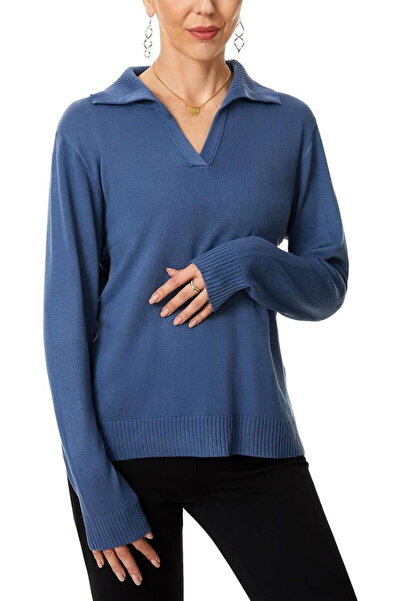 OEM Bluză lejeră de damă, pulover tricotat, cu guler în V, ALBASTRU, mărimea XXL