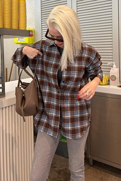 Madmext Bebe Mavisi Oversize Ekose Desenli Kadın Gömlek MG2589