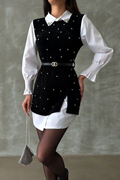 FashionForYou Φόρεμα γραφείου Iuliana, με μαύρο φόρεμα με απλικέ και ζώνη, Μαύρο