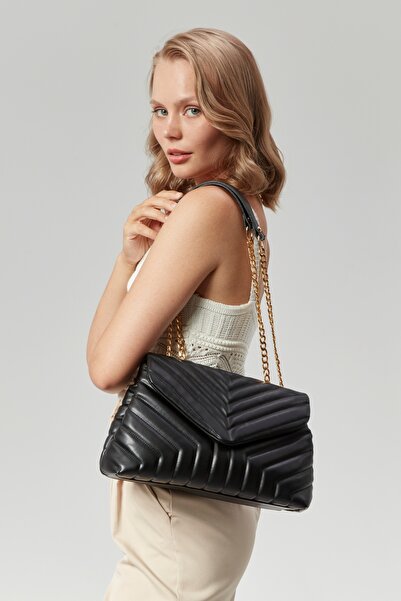 Morpelikan Quilted Women's Shoulder Bag with Gold Chain Strap - Three Compartments