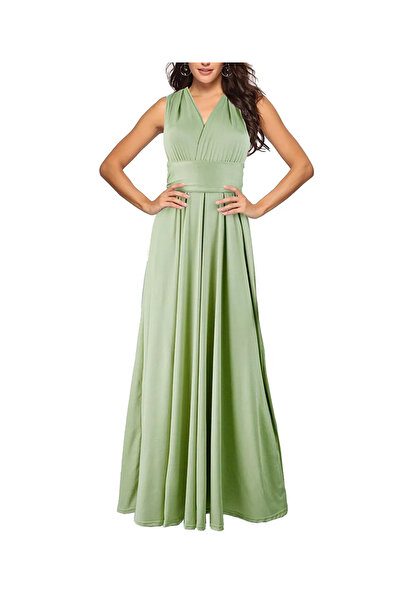 OEM Elegant long dress, sleeveless, open back, high waist, light green M