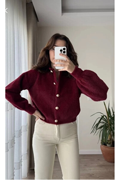 Store İnci düğmeli sakallı balon kol kadın triko yumoş hırka