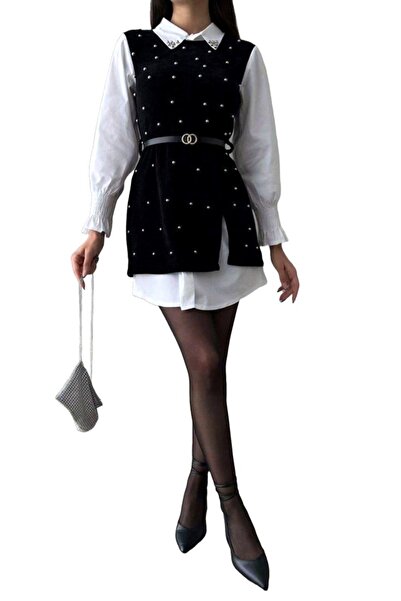 FashionForYou Φόρεμα γραφείου Iuliana, με μαύρο φόρεμα με απλικέ και ζώνη, Μαύρο