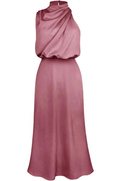 OEM Rochie elegantă lungă din satin, fără mâneci, roz închis, mărimea S