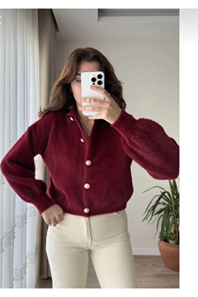 Store İnci düğmeli sakallı balon kol kadın triko yumoş hırka