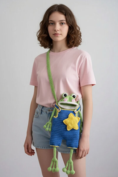 Talinhandmade El Örgüsü Kurbağa Figürlü Amigurumi Çocuk Çantası | Koton İp | ...
