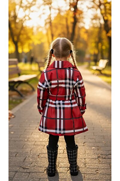 HC Kids Wear Kız Çocuk Kırmızı Kareli Trençkot