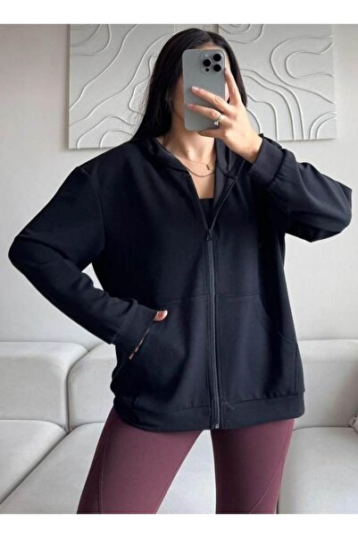 MODA سترة نسائية سوداء بسحاب و بغطاء رأس جيوب