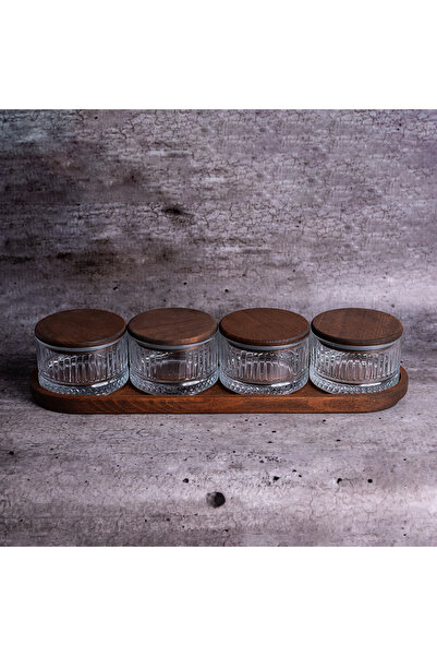 Kulvar طقم فاخر من 4 صواني زجاجية للإفطار والحلويات من باشاباهتشي إليسيا مع أغطية خشبية طويلة