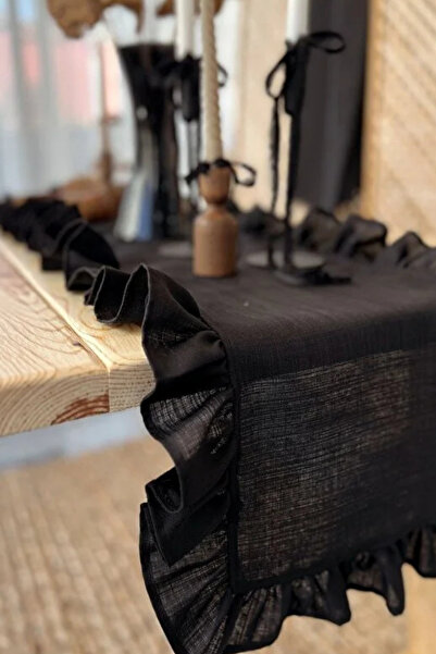 KaiHome Ruffled Black 100% Linen Fabric Runner 50cm X 155cm