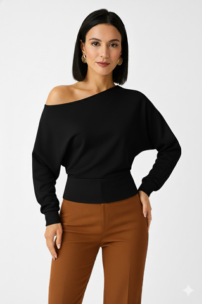 trendalisse Γυναικεία μπλούζα με υφή Modal με ανοιχτό ώμο σε μαύρο χρώμα