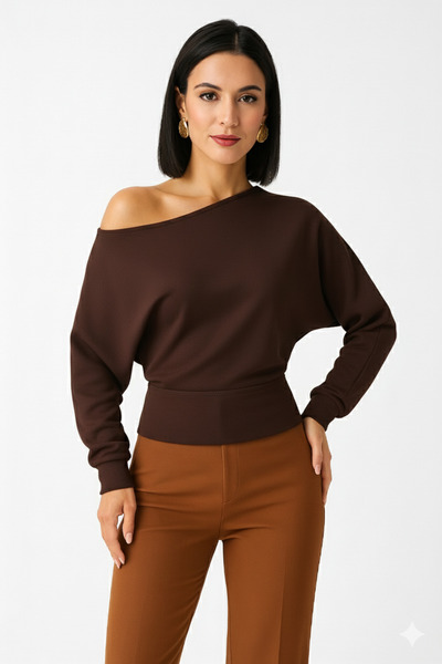 trendalisse Γυναικεία καφέ μπλούζα με υφή Modal με ανοιχτό ώμο