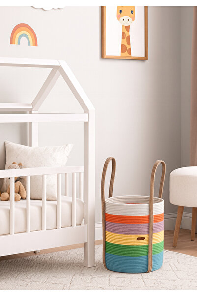 Secem Boutique Gökkuşağı hasır jüt sepet, 35x35 renkli oyuncak sepeti