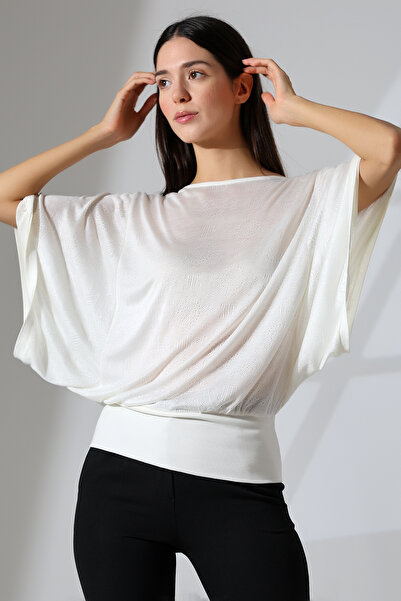 Şiir Bluză Bogota pentru femei, din jacquard ajurat, cu croială confortabilă, cu mâneci liliac, și bumbac moale bluze - Ecru