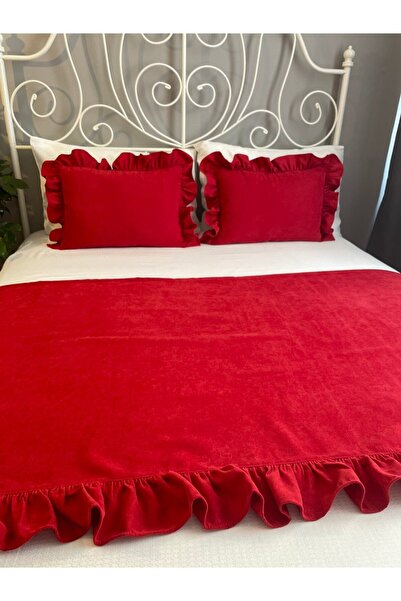 Decamor home Double Red Ruffle Bed Runner and Throw Pillow Set