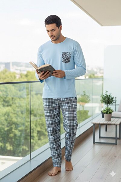 Sude HOMEWEAR Pánsky kockovaný pyžamový set s dlhým rukávom a vreckami