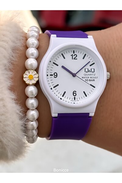 Q&Q Brand White Purple Silicone Cord Women's Wristwatch Bracelet with Calendar