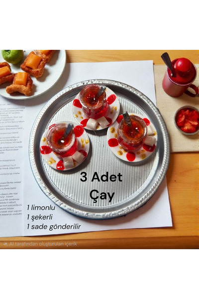 Minyatür Dünyam 3 Adet Minyatür Çay ve Gri Tepsi - 1 şekerli 1 limonlu 1 sade...