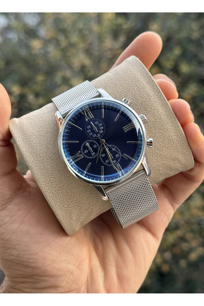 Tulpar Limited Edition Gümüş Renk Lacivert Kadran Hasır Kordon Erkek Kol Saati