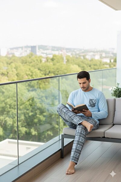 Sude HOMEWEAR Pánsky kockovaný pyžamový set s dlhým rukávom a vreckami