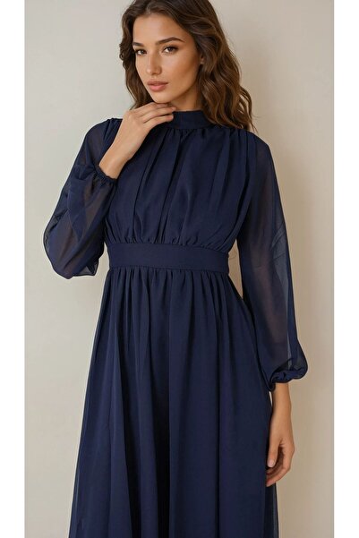 OLSAMODA ЖІНОЧА СУКНЯ З ПІВРИБАЧСЬКИМ ВИРІЗОМ, ДЕТАЛЬНОЮ ПІДКЛАДКОЮ, МІДІ-ДОВЖИНОЮ ТА ШИФОНОВОЮ ТКАНИНОЮ