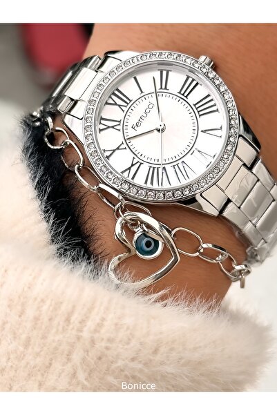 Ferrucci Kadın Kol Saati , Gümüş Renk Çelşk Kordon Kalp bileklik hediyeli