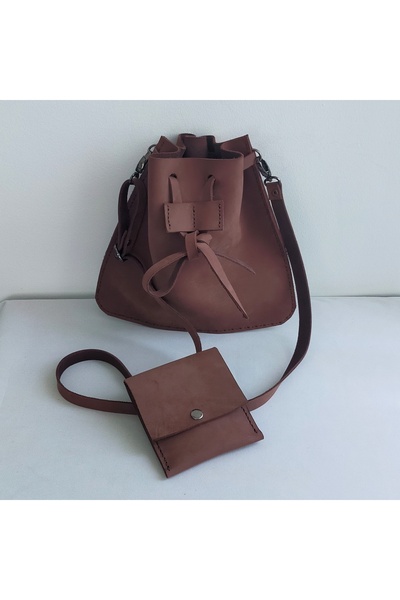 Tahtadenizi Kahverengi Nubuk Hakiki Deri Kadın Omuz Çantası Torba Çanta Cüzda...