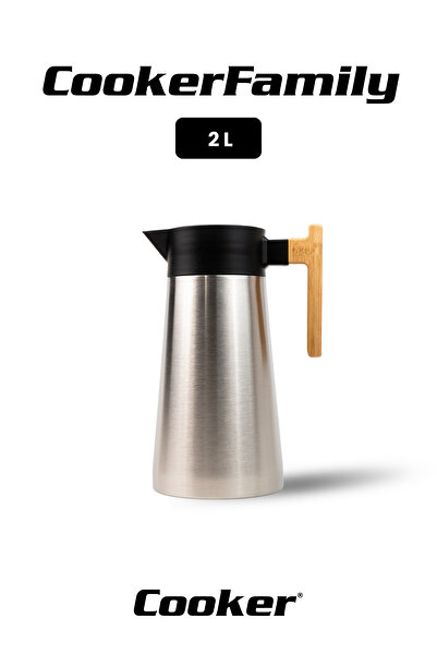 Cooker 2 Liter Stainless Steel Thermos with Bamboo Handle - for Picnic, Camping, Outdoor, Office, Hotel, Cafe, School