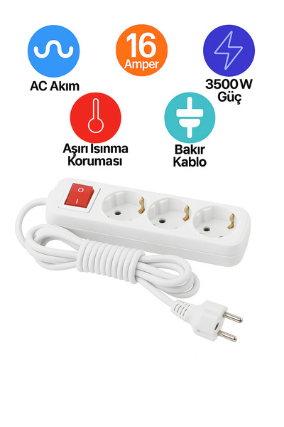 REYYEN Üçlü Anahtarlı 1 Metre Grup Priz Bakır Uzatma Ara Kablosu