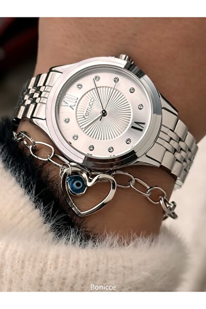 Ferrucci Marka , Çelik Kordon,gümüş Renk, Kadın Kol Saati Nazar Boncuklu Bileklik