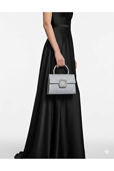 mossi Women's Silver Glitter Evening Dress Bag - Evening Dress Bag with Crystal Stone Buckle