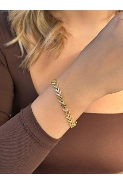 Fern Jewelry Altın Yaldızlı Taşlı V Model Bileklik