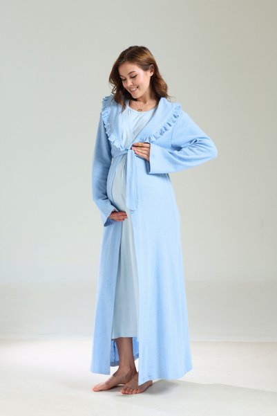 Hamile Tekstil Winter Soft Textured Maternity Nightgown Set with Full Length Dressing Gowns