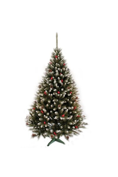 PROCART Изкуствена ела, снежнобели върхове, шишарки и червени боровинки, висо...