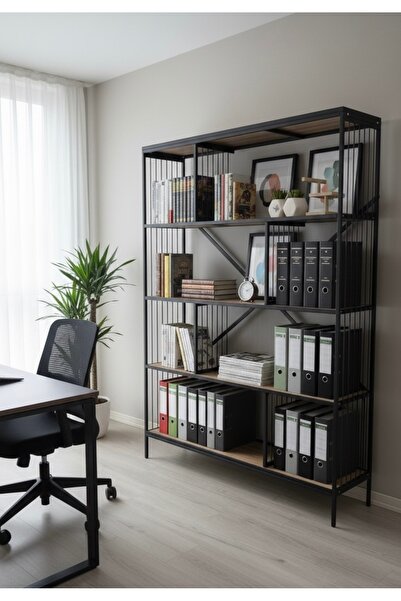 Modern Style Home Dekoratif Lüx 5 Raflı Kitaplık Geniş Metal Kitaplık Dosya Rafı Ofis Salon Raf Ceviz