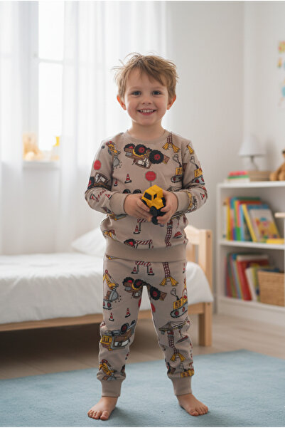 Arya Nisa Kids Boy's Tractor Printed Cream Color 100% Cotton Sh Fleece-Lined Pajama Set