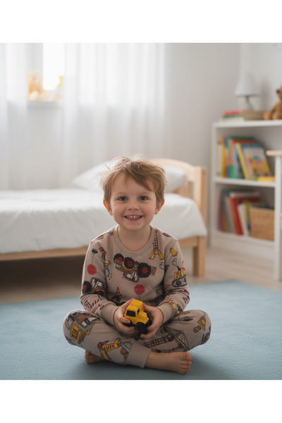 Arya Nisa Kids Boy's Tractor Printed Cream Color 100% Cotton Sh Fleece-Lined Pajama Set