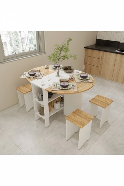 ahşen decor Katlanır Açılır Kapanır Yuvarlak Yemek & Mutfak Masası ve 4 Tabur...