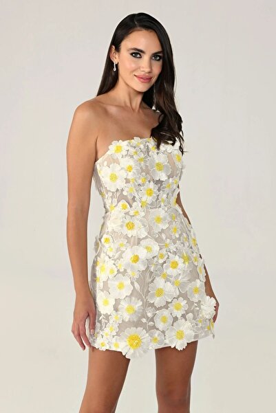 ALFABETA KADIN ABİYE STRAPLEZ 3 BOYUT ÇİÇEK AKSESUARLI ŞIK KISA ELBİSE