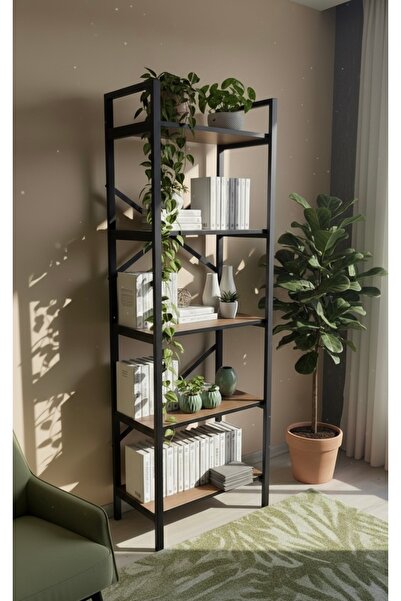 Modern Style Home Modern 5 Raflı Kitaplık Geniş Metal Kitaplık Dosya Rafı Ofis Salon Raf Ceviz