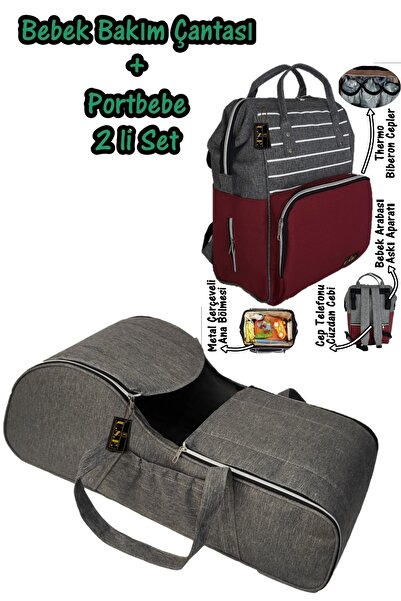USF Portbebe Ana Kucağı Puset Bebek Taşıma + Anne Bebek Bakım Çantası - Gri - Çizgili Gri Bordo