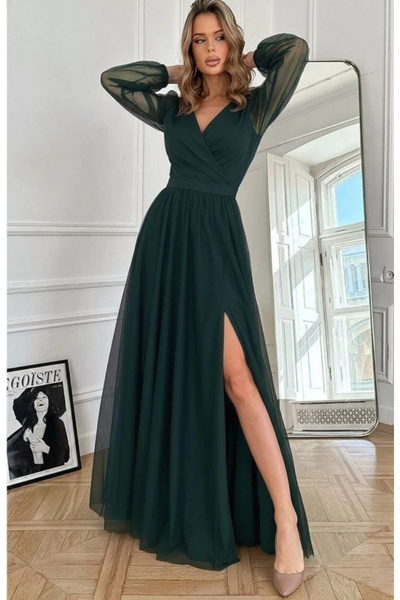 HAZEGO Women's Long Sleeve Double-Breasted Collar Waist Belted Tulle Long Imported Crepe Dress