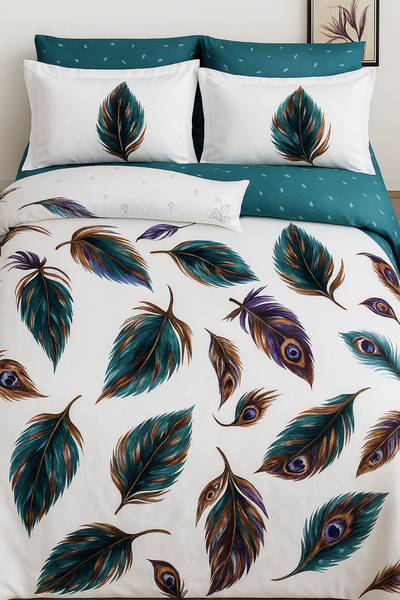 Casa Pucioasa Lenjerie de pat din bumbac fin, 6 piese - model pene, cearșaf obișnuit 230x250