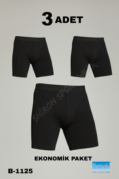Shiron Sportswear&Company 3'Lü Siyah Likralı Erkek Uzun Boxer Berrak 1125