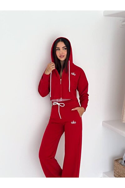 strivex Premium Red Tracksuit Set with Hooded Zippered Crops on the Top and Flared Pockets on the Bottom