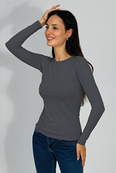 Betimoda Women's Long Sleeve Crew Neck Bodysuit Smoked 1 Piece